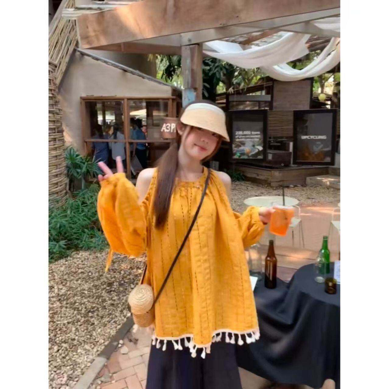 今年爆款流苏棉衬衫度假风松弛感露肩彩色条纹设计感上衣爆款宽松