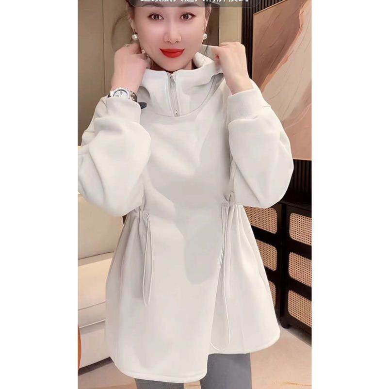 韩系连帽中长款抽绳收腰卫衣裙女 2024秋季新款 慵懒休闲显瘦连衣