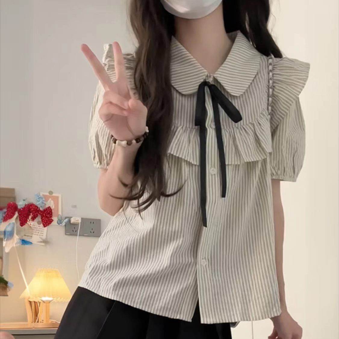 娃娃领短袖衬衫女2026夏季新款宽松遮肉泡泡袖条纹衬衣学院风上衣