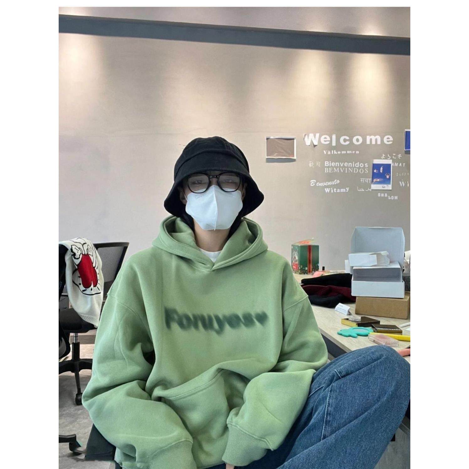 棉不起球美式绿色oversize卫衣 女2024新款春秋冬宽松 ins潮外套