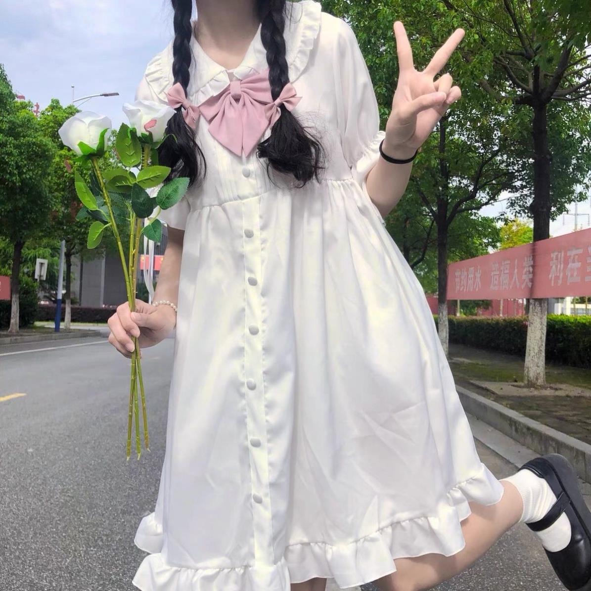 仙女裙夏季日系lolita可爱木耳边娃娃领系带泡泡短袖荷叶边连衣裙