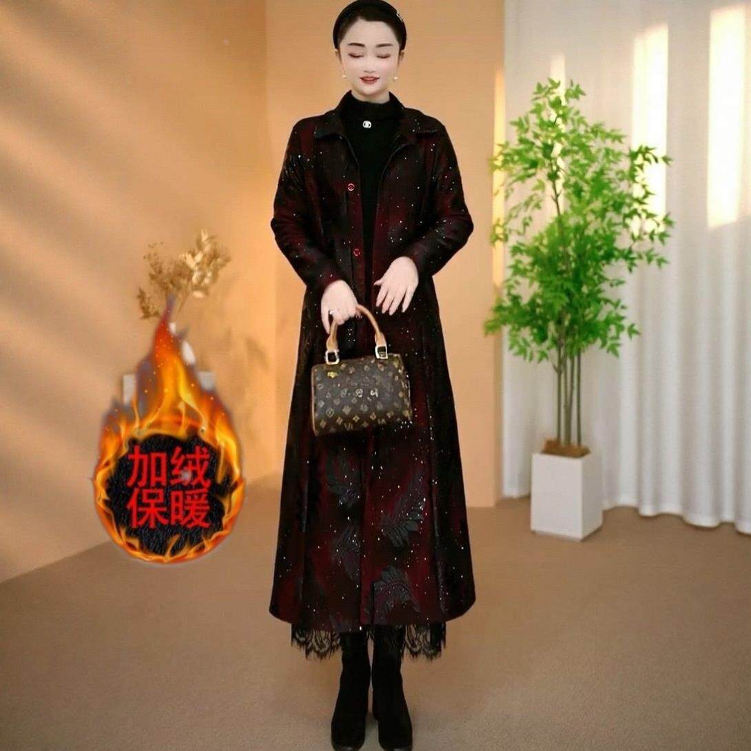 时尚妈妈加绒加厚风衣 长款宽松显瘦洋气 蕾丝复合烫金大衣