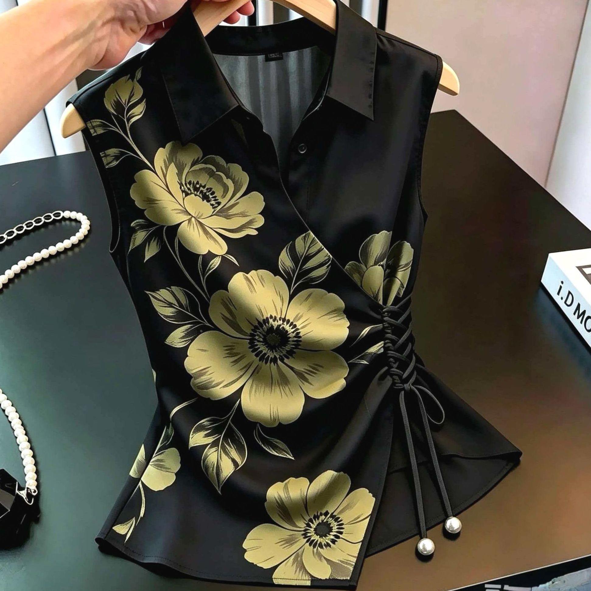 夏季设计感黑色印花无袖上衣女收腰系带气质高级感小众时尚小衫