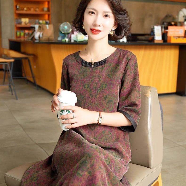 220斤大码宽松妈妈桑蚕丝裙子夏季时尚印花香云纱真丝连衣裙气质