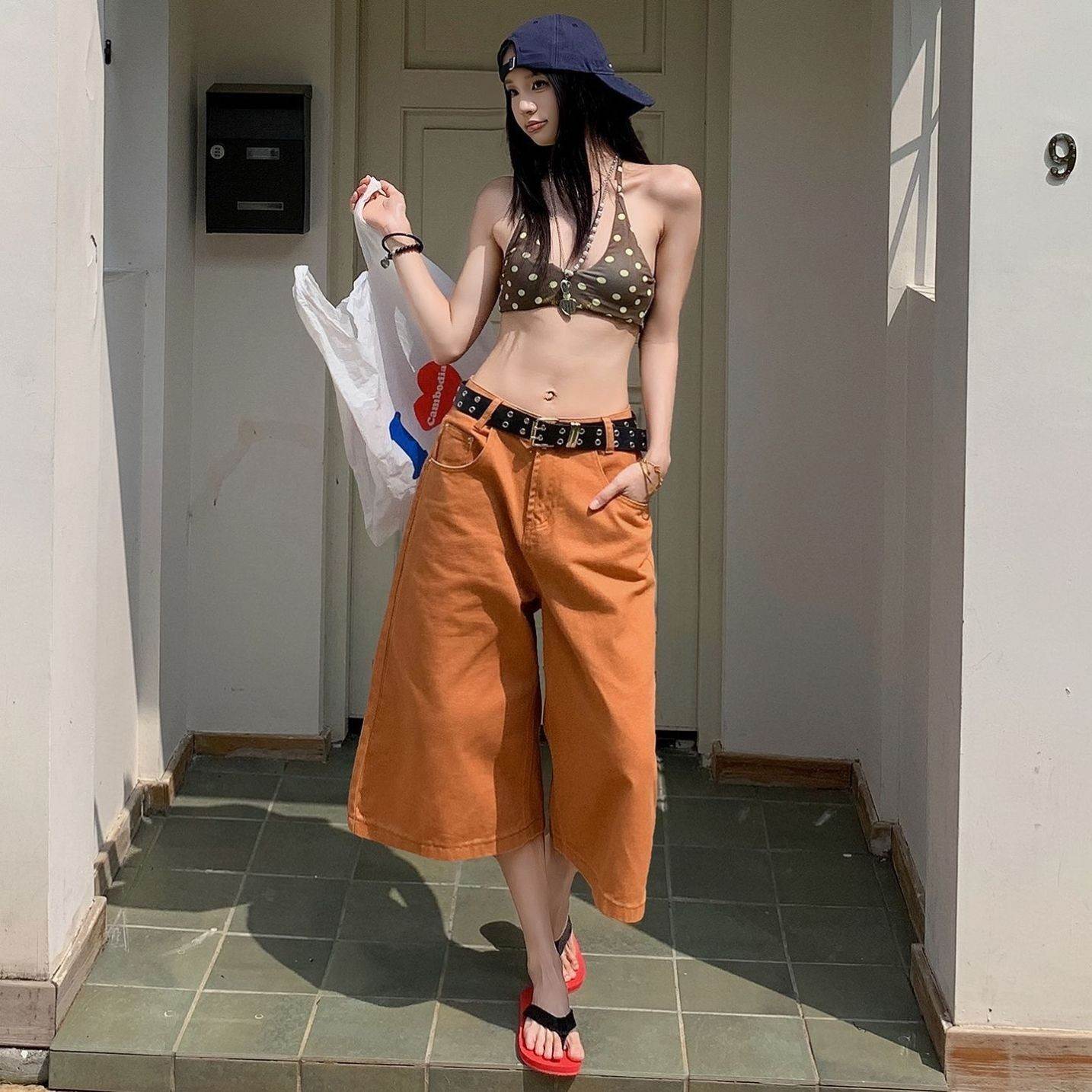 美式橙色七分阔腿牛仔裤女夏薄款高腰宽松显瘦多巴胺小个子直筒裤