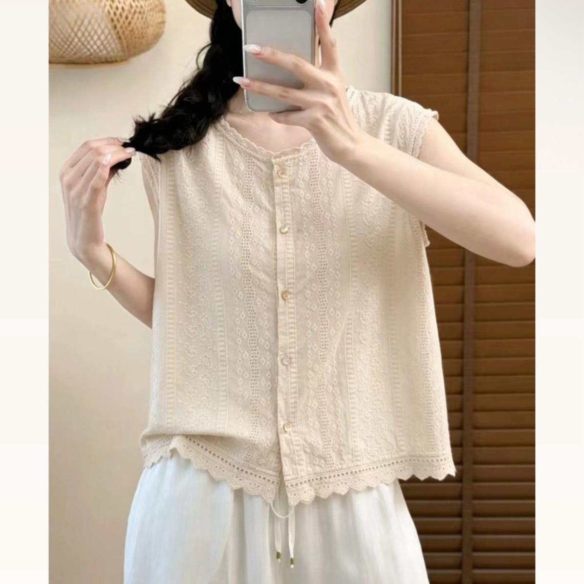 法式缕空提花刺绣无袖背心衬衫女夏季独特别致蕾丝花边绝美短上衣