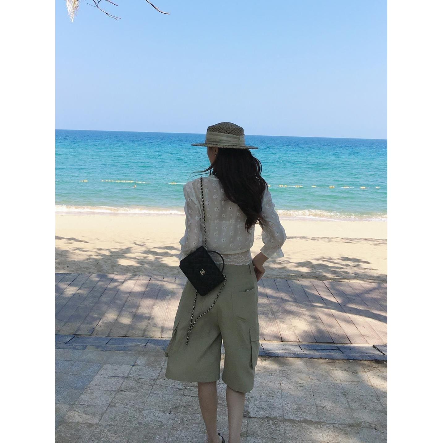 法式设计感中袖镂空上衣+蕾丝吊带背心女夏季新款淑女百搭两件
