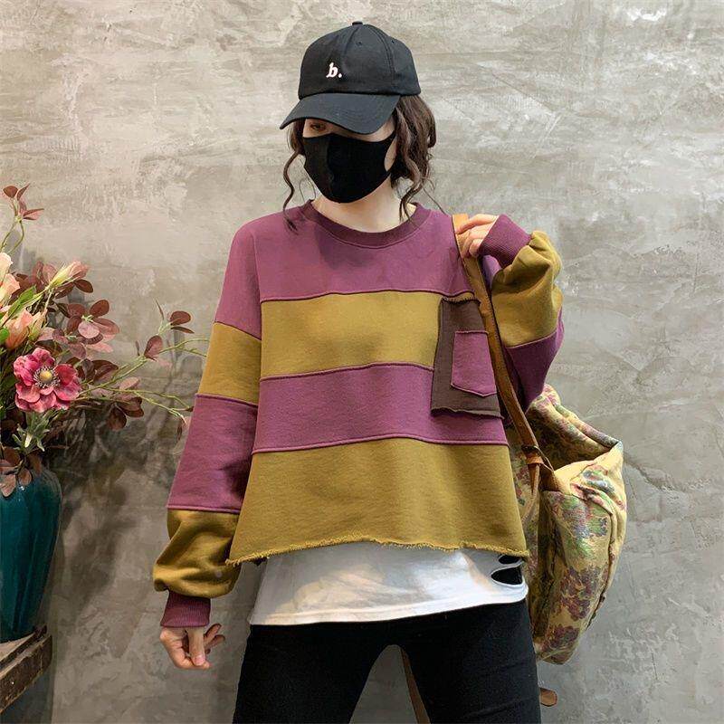 拼接撞色卫衣女春秋薄款小个子短款大码胖mm200斤宽松遮肉打底衫T