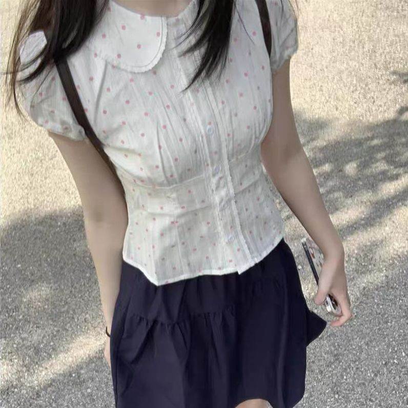 温柔风甜美棉波点蕾丝娃娃领短袖衬衫女夏季小个子衬衣收腰上衣