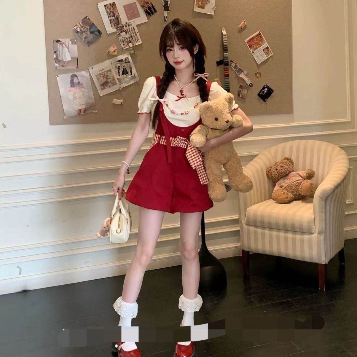 夏季软妹可爱学院风蝴蝶结绑带背带花苞裤女学生+修身上衣两件套