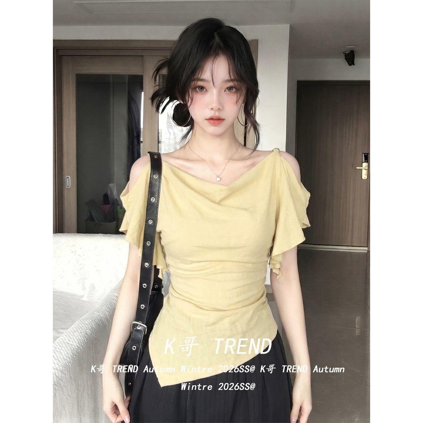 两穿法式荡领柔美感露肩荷叶边T恤女夏季不规则下摆大落肩上衣潮