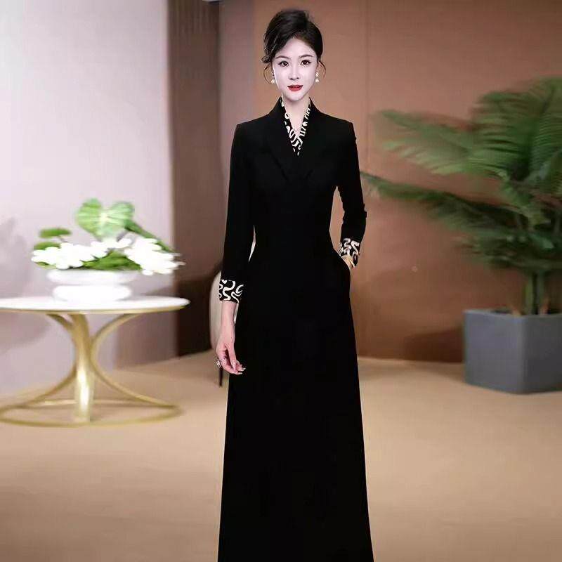 黑色春秋季女2025新款长袖 高档连衣裙 阔太太洋气高贵中长裙