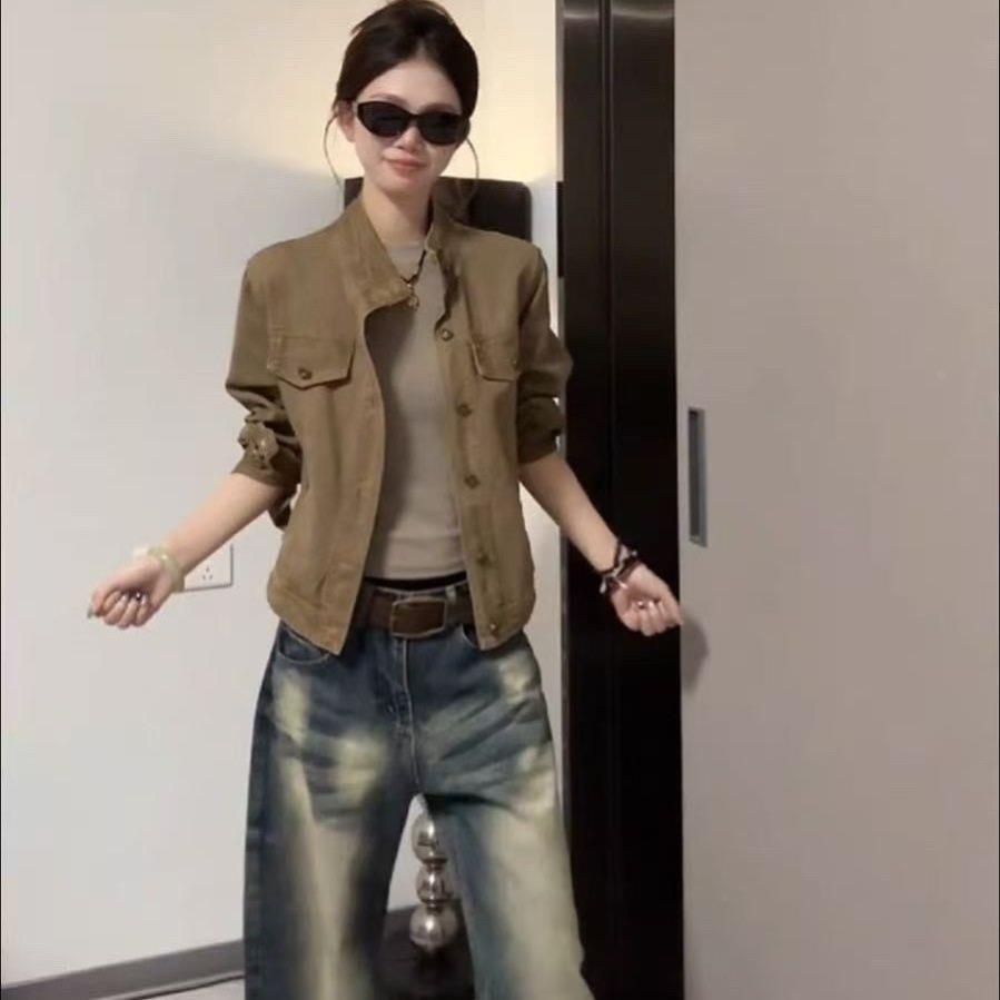 纯欲风立领修身卡其色牛仔外套女春秋季设计百搭短款工装上衣夹克