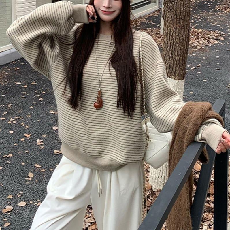 复古条纹圆领无帽长袖大码卫衣女秋季新款韩系慵懒风宽松学生上衣