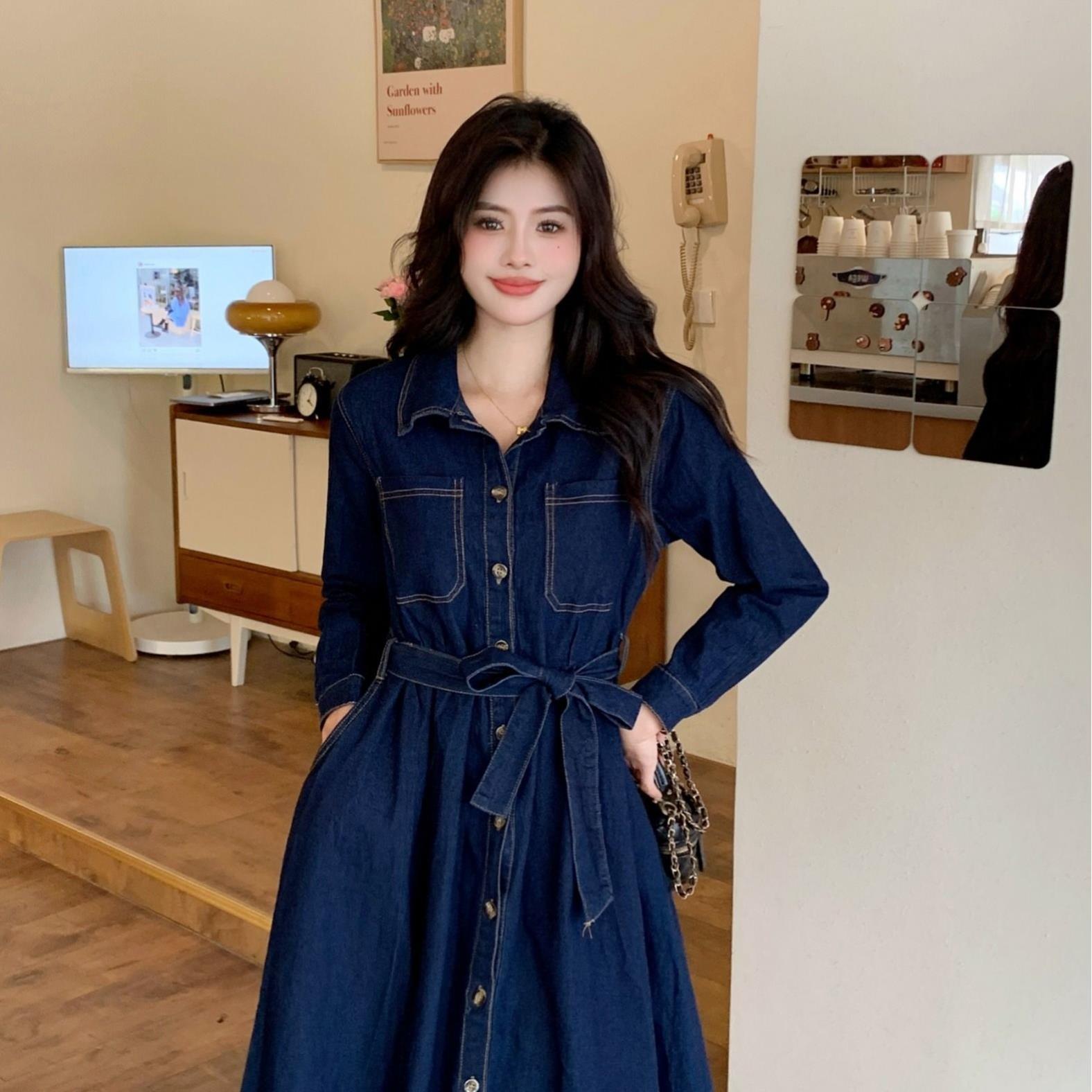 长袖牛仔连衣裙女春装2026年新款宽松休闲慵懒风复古气质衬衫裙子
