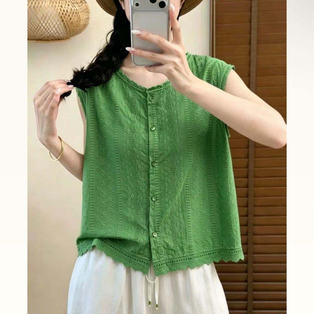 法式缕空提花刺绣无袖背心衬衫女夏季独特别致蕾丝花边绝美短上衣