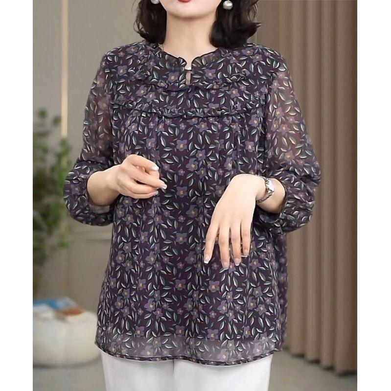 升级版中老年妈妈高档碎花雪纺衫大码女装遮肉宽松小衫2026春夏新