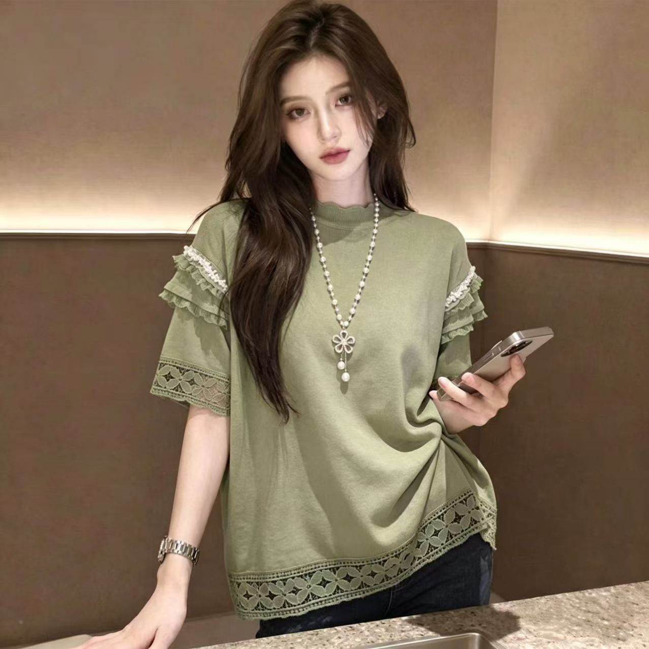 2026夏季新款时尚设计感大码女装绿色短袖蕾丝拼接上衣女宽松百搭