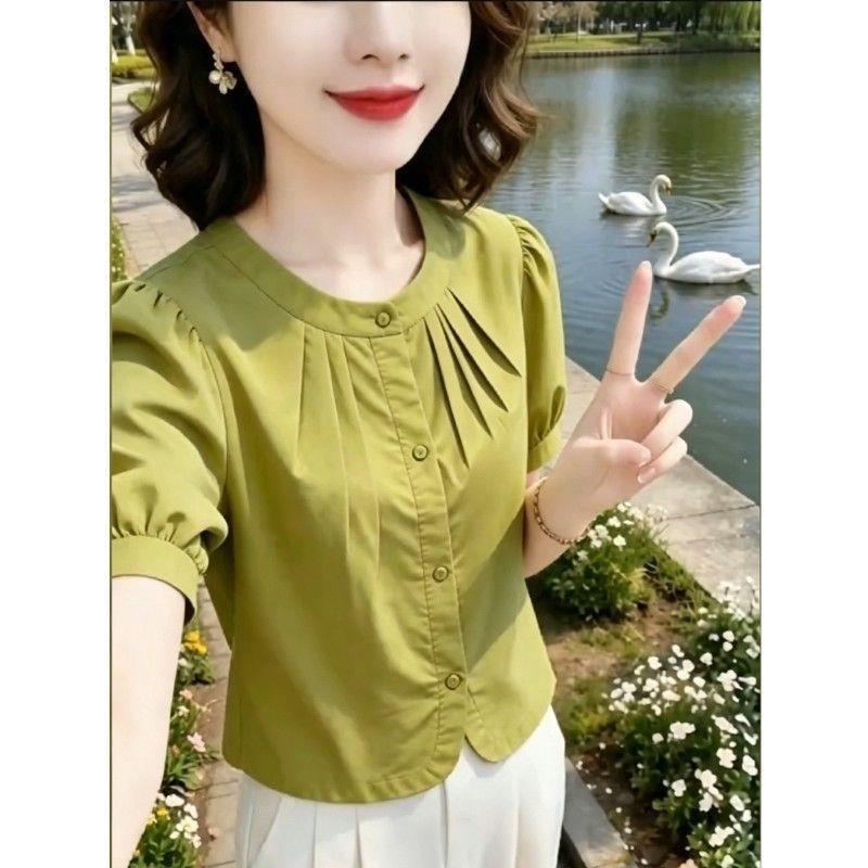 2026夏季新款棉质短袖衬衫女显瘦气质时尚设计感减龄妈妈百搭上衣