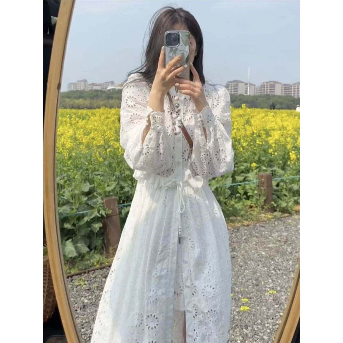 蕾丝连衣裙女中长款镂空套装裙女2024夏季新款时尚长袖短裤两件套