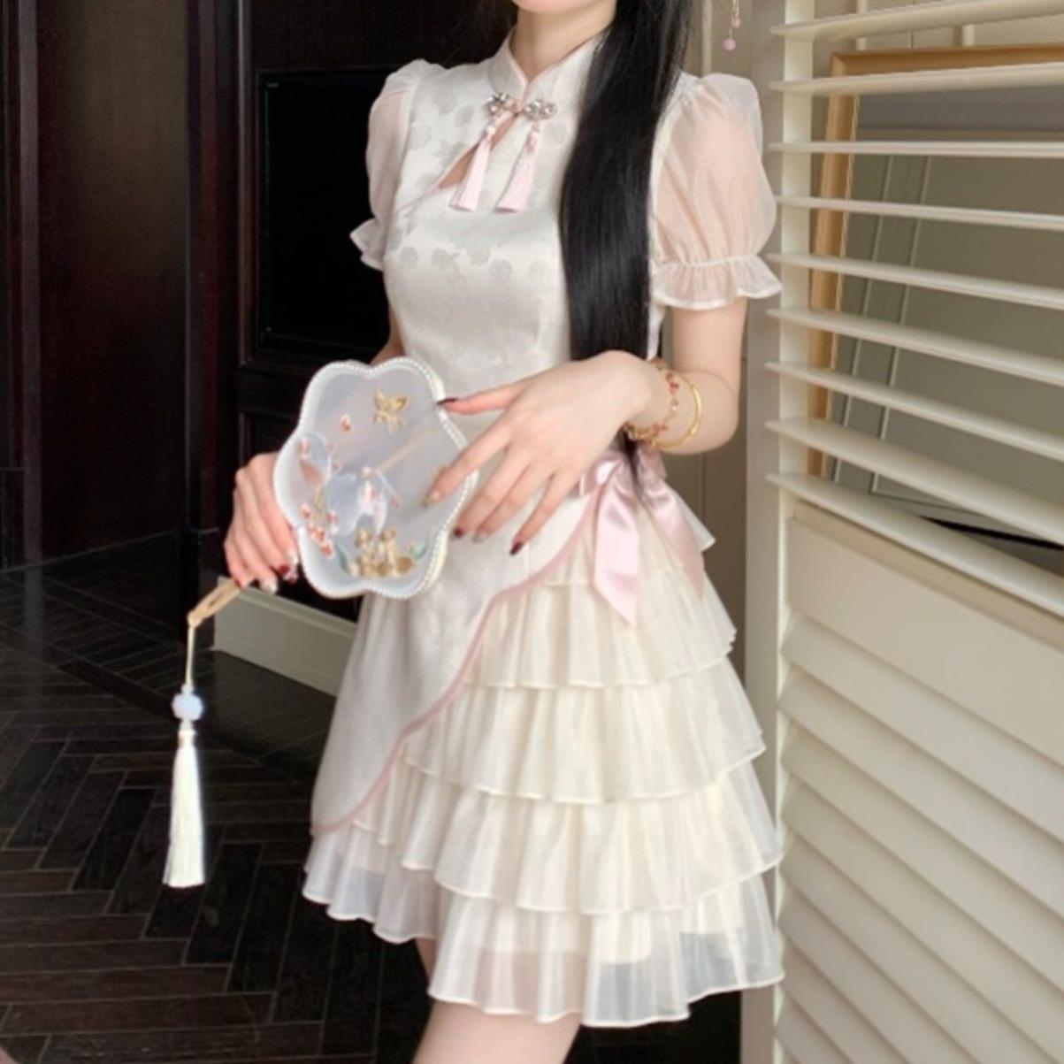 新中式蝴蝶结提花旗袍连衣裙女夏季2025新款收腰短裙子甜美蛋糕裙