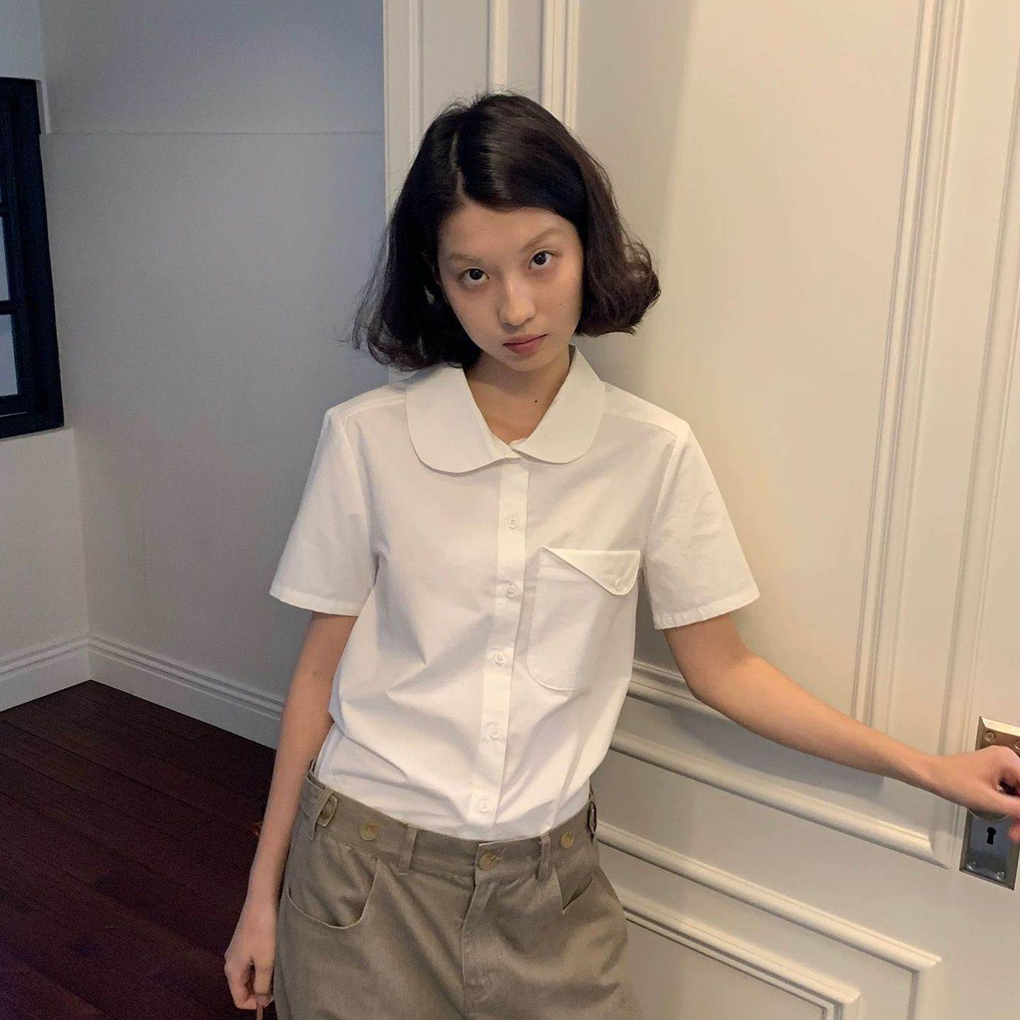 棉日系白色娃娃领衬衫女短袖简约通勤宽松百搭显瘦学院风上衣潮