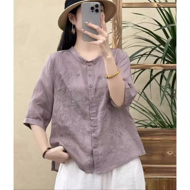 中年妈妈刺绣棉麻短袖衬衫女士夏季薄款高端洋气减龄宽松亚麻上衣