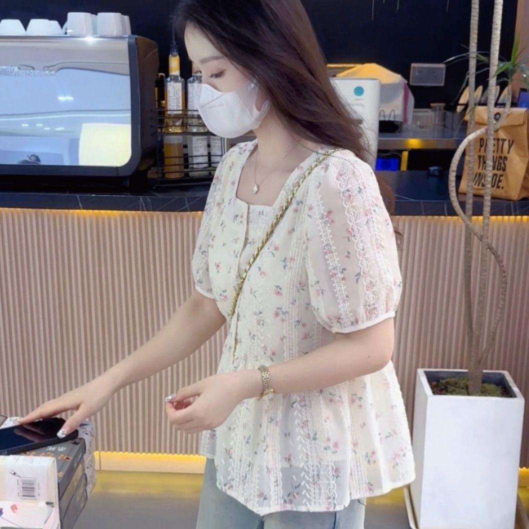 法式甜美碎花短袖衬衫女2025夏季新款遮肚子显瘦减龄娃娃衫上衣女