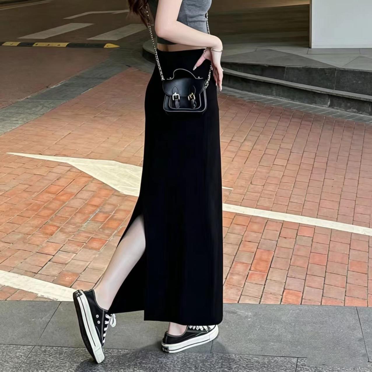 莫代尔垂感半身裙女灰色直筒裙夏新款长裙高腰显瘦长款后开叉裙子