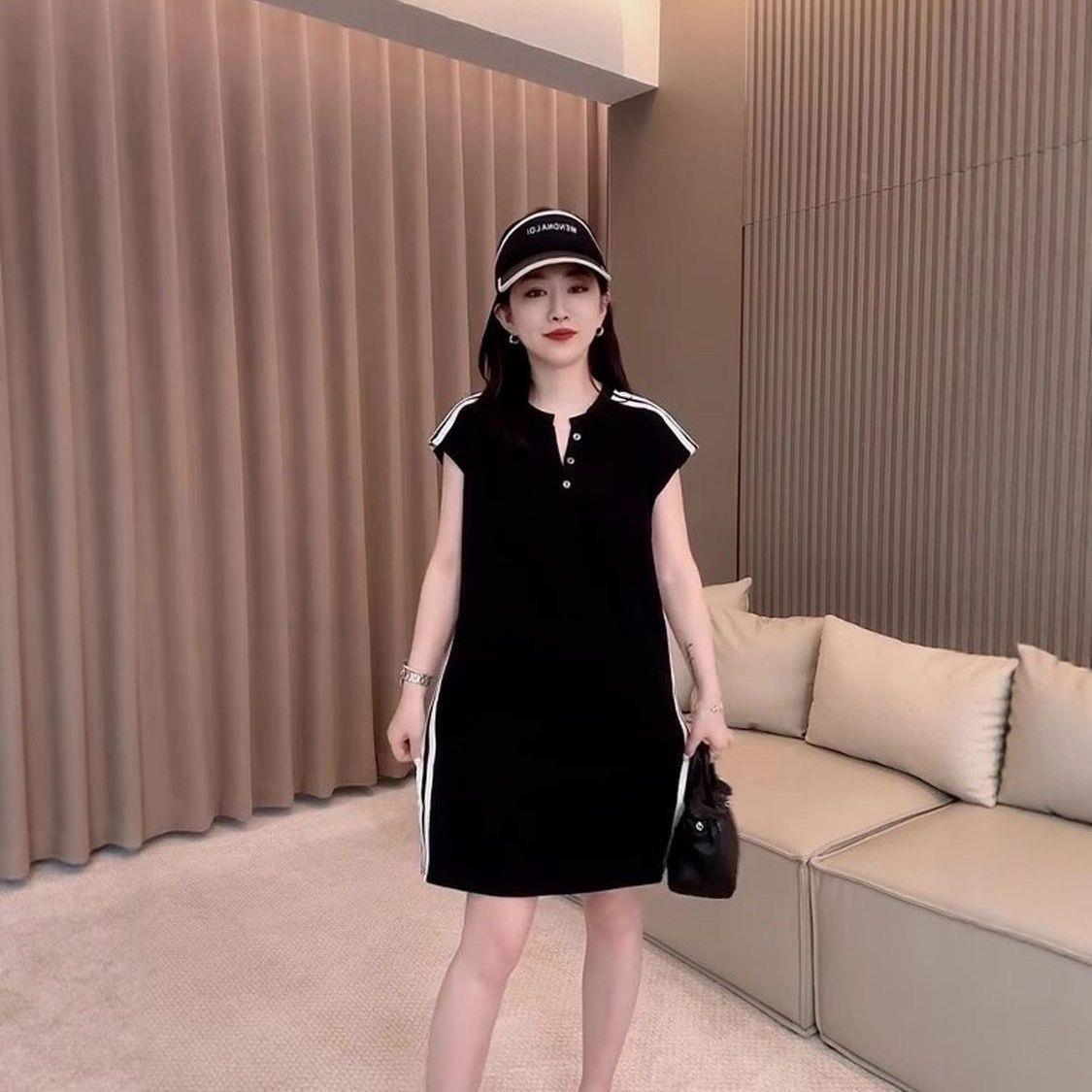 欧货休闲连衣裙女2026夏季新款洋气宽松显瘦拼接条纹短袖T恤裙子