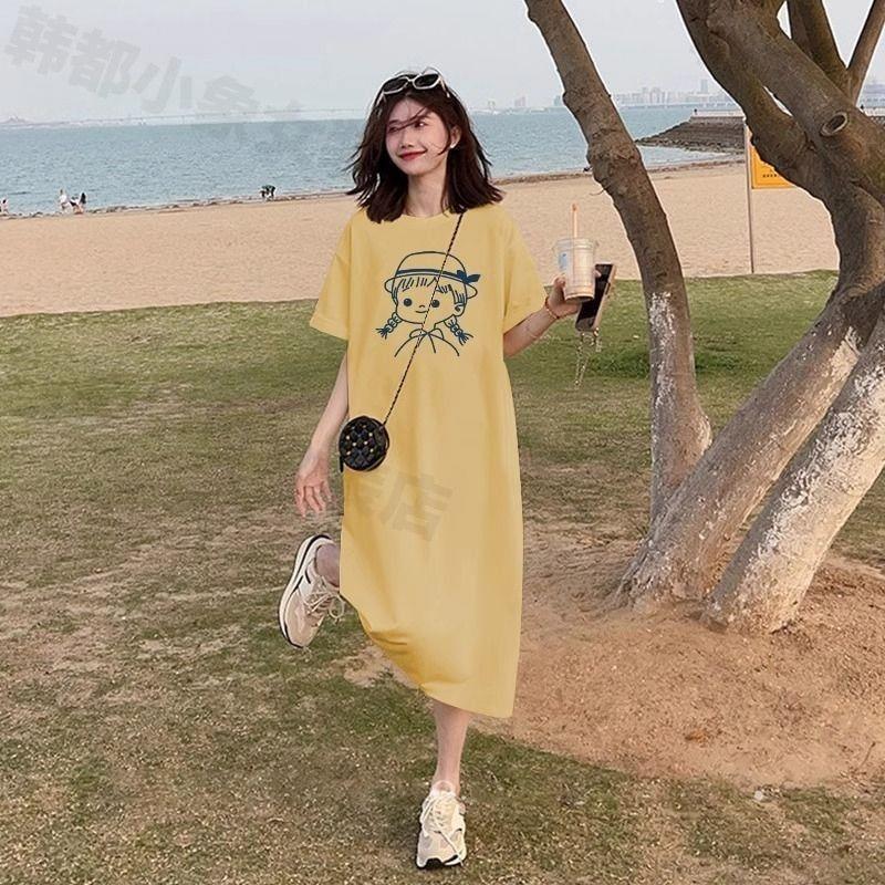 夏季棉短袖t恤连衣裙女大码胖mm宽松中长款过膝显瘦小个子长裙