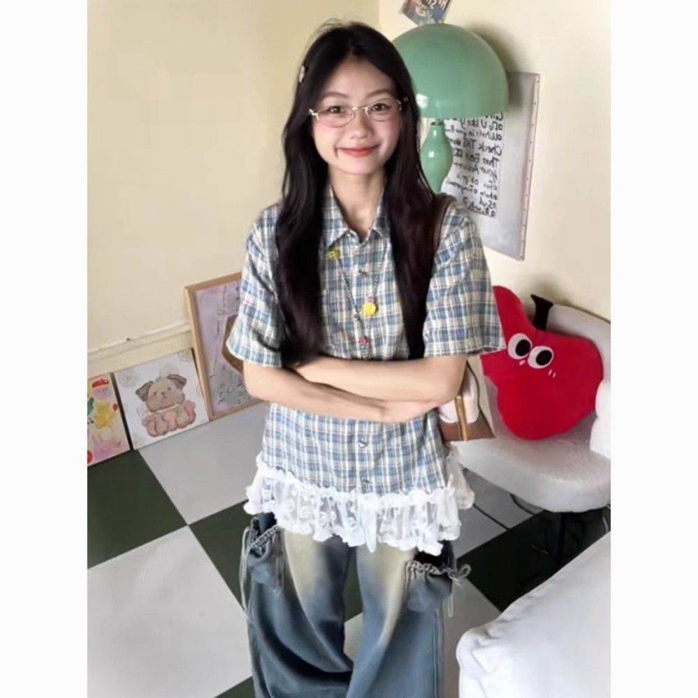 复古夏季设计感格子衬衫女小个子蕾丝花边拼接宽松显瘦短袖上衣潮