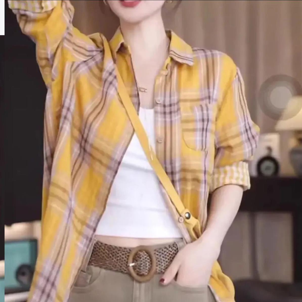 复古格子印花黄色方格衬衫外套女装夏季薄款衬衣韩系长袖防晒衫