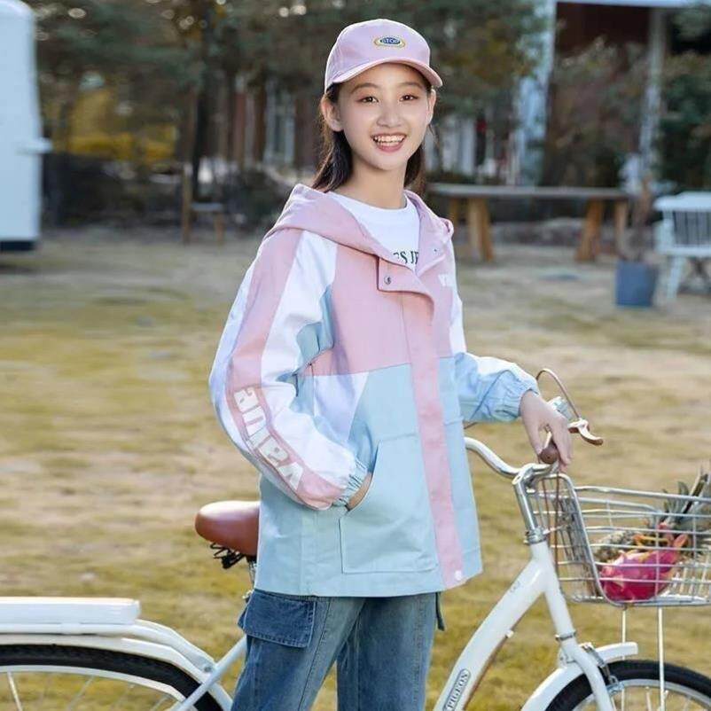 初中学生春秋装外套女 宽松工装休闲冲锋衣 大童学院风衣
