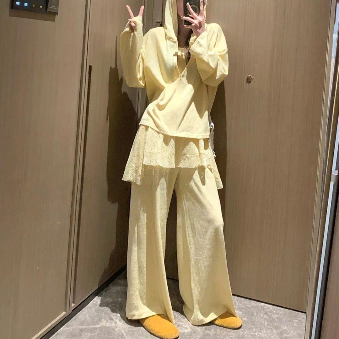 春夏新款纯欲风套装女连帽防晒外套背心蕾丝阔腿裤温柔显瘦三件套