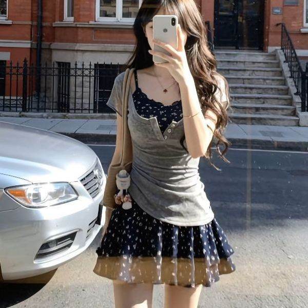 大码胖mm纯欲碎花吊带裙T恤两件套女微胖收腰约会韩系套装连衣裙