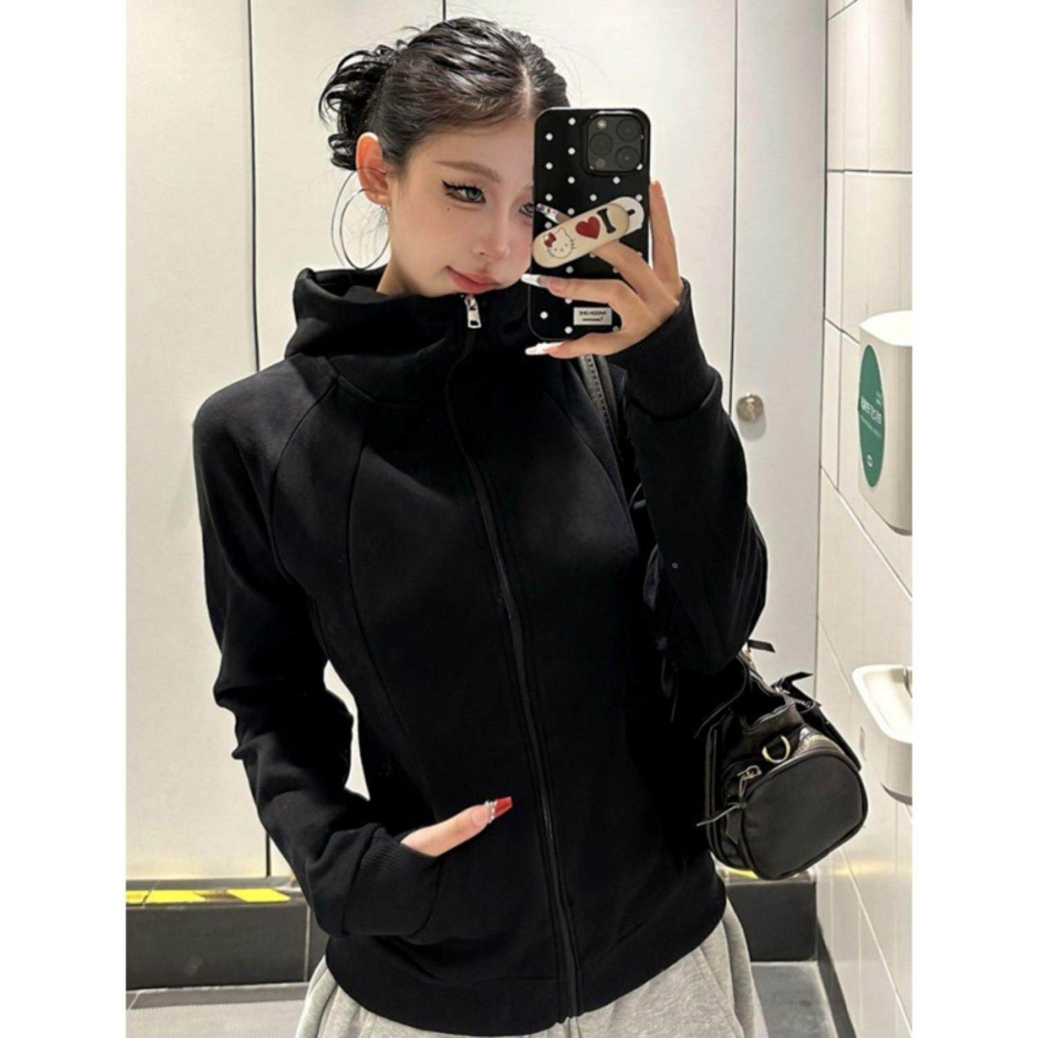 黑色修身卫衣正肩连帽外套女春秋季美式收腰显瘦修身开衫拉链上衣