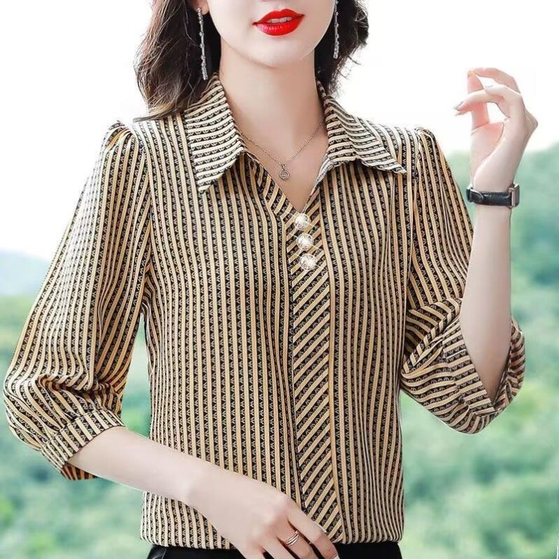 真丝衬衫女士七分袖夏季新款衬衣妈妈减龄时尚小衫桑蚕丝条纹上衣