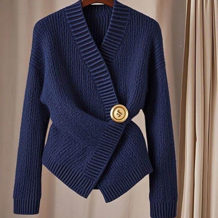 早秋慵懒风小众设计感上衣安藏蓝色v领长袖套头针织衫内搭女毛衣