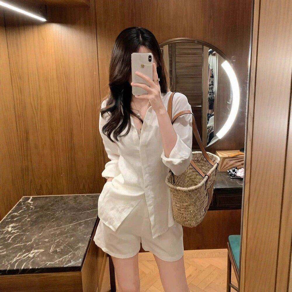 白色棉麻长袖衬衫女夏季小个子宽松休闲亚麻防晒衬衣短裤两件套装