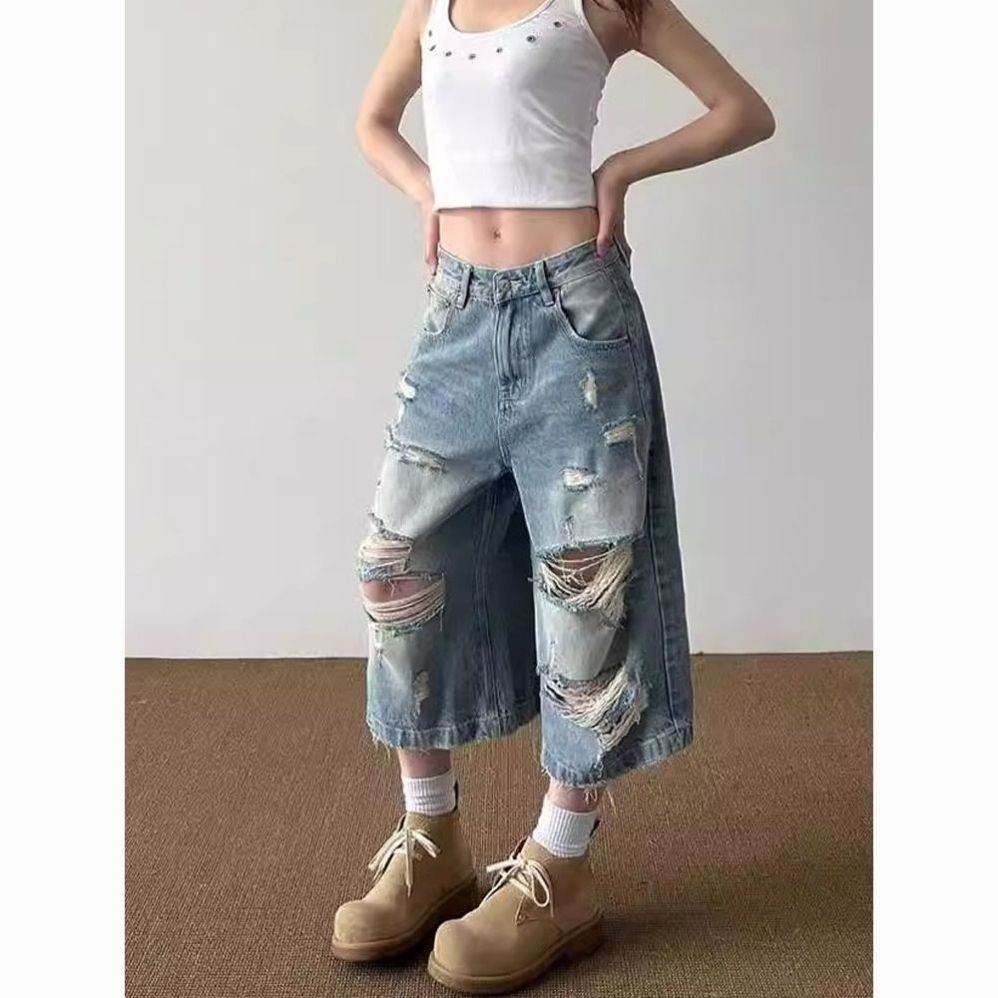 美式复古水洗破洞垂感牛仔裤子女夏季直筒宽松阔腿七分裤潮