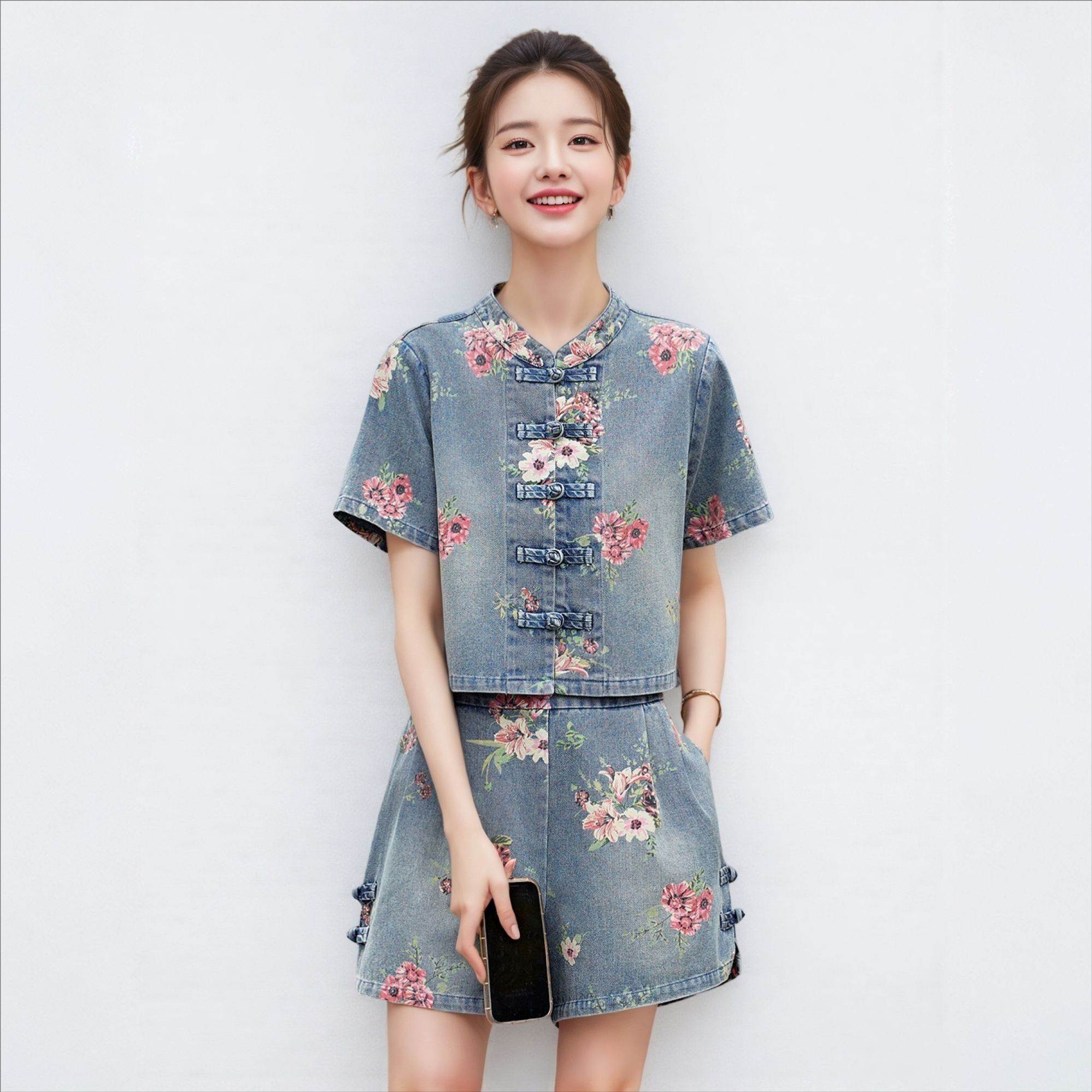 新中式印花牛仔套装女2026夏装小个子复古洋气减龄短裤短袖两件套
