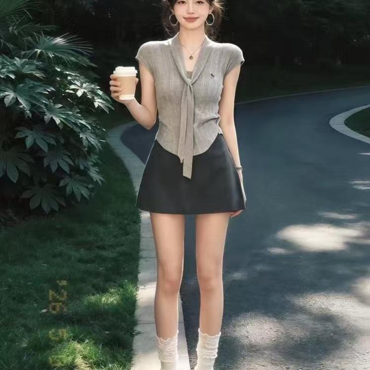 辣妹时尚女装套装夏季刺绣针织短袖上衣开叉西装半身裙气质两件套