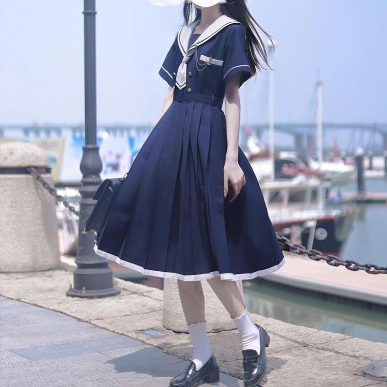 夏季新款学院风日系海军领水手服短袖蝴蝶结青少年连衣裙女学生