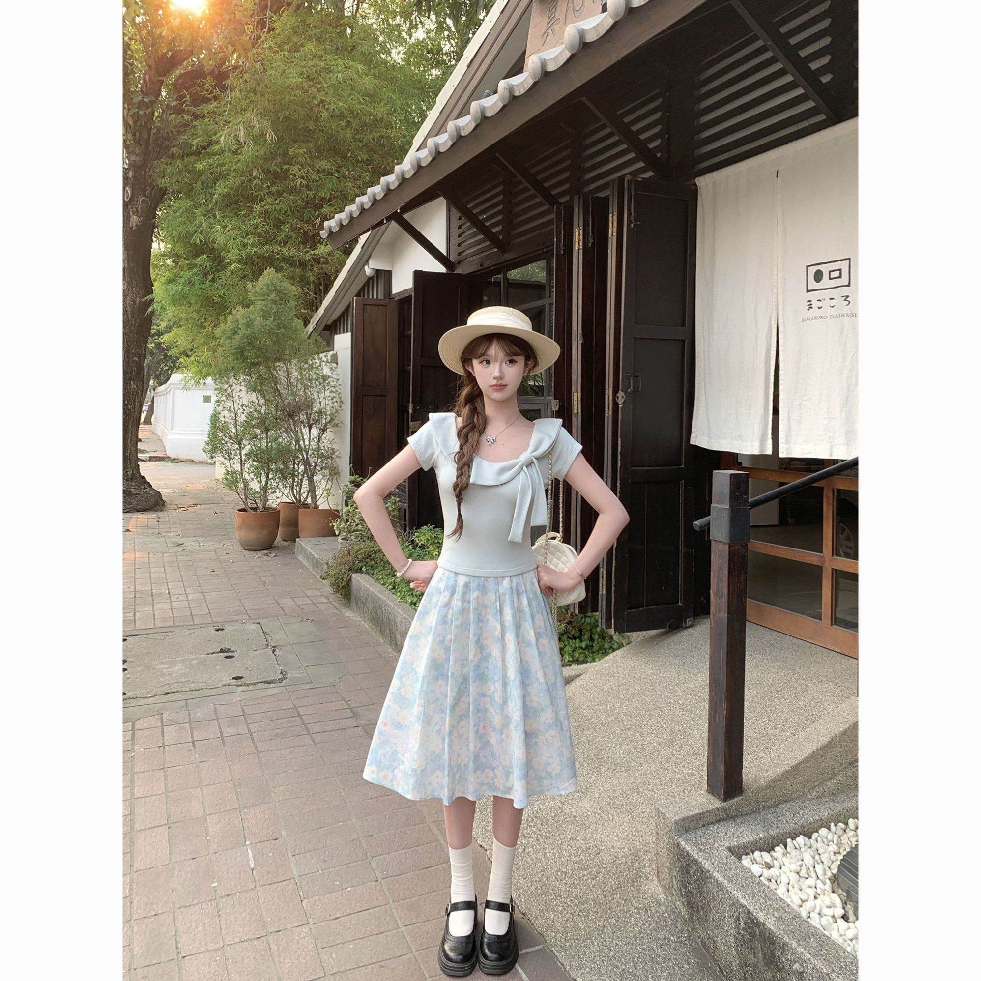 日系修身针织衫短袖上衣半身裙两件套夏季甜美风少女碎花裙套装