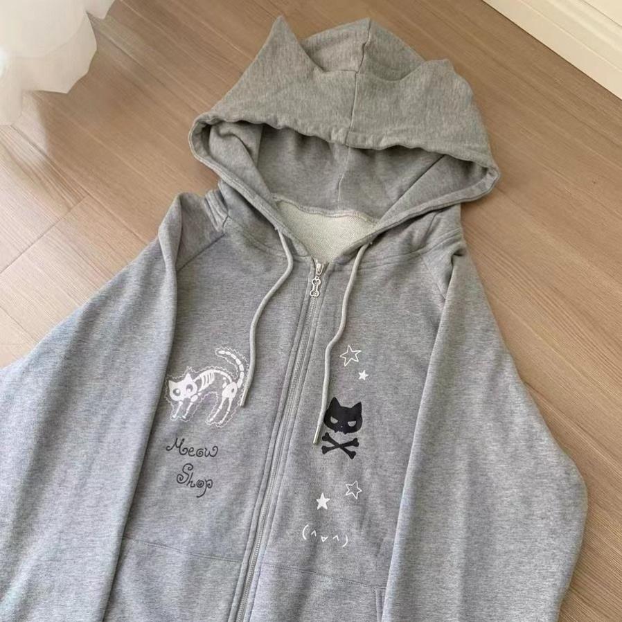 日系可爱猫咪灰色连帽长袖卫衣女秋冬拉链开衫外套ins潮