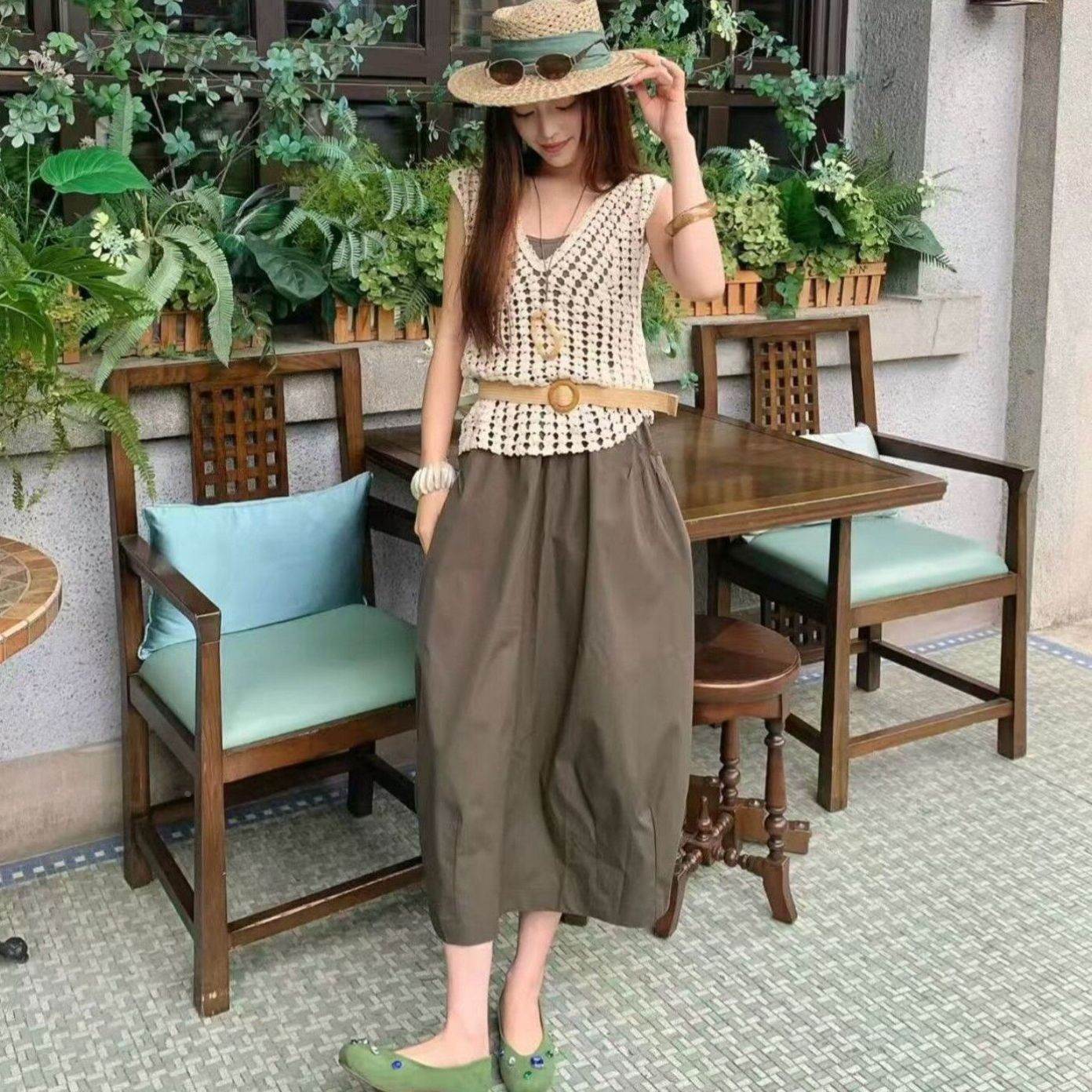 慵懒风镂空罩衫吊带背心上衣半身裙套装女2026夏季法式时尚三件套