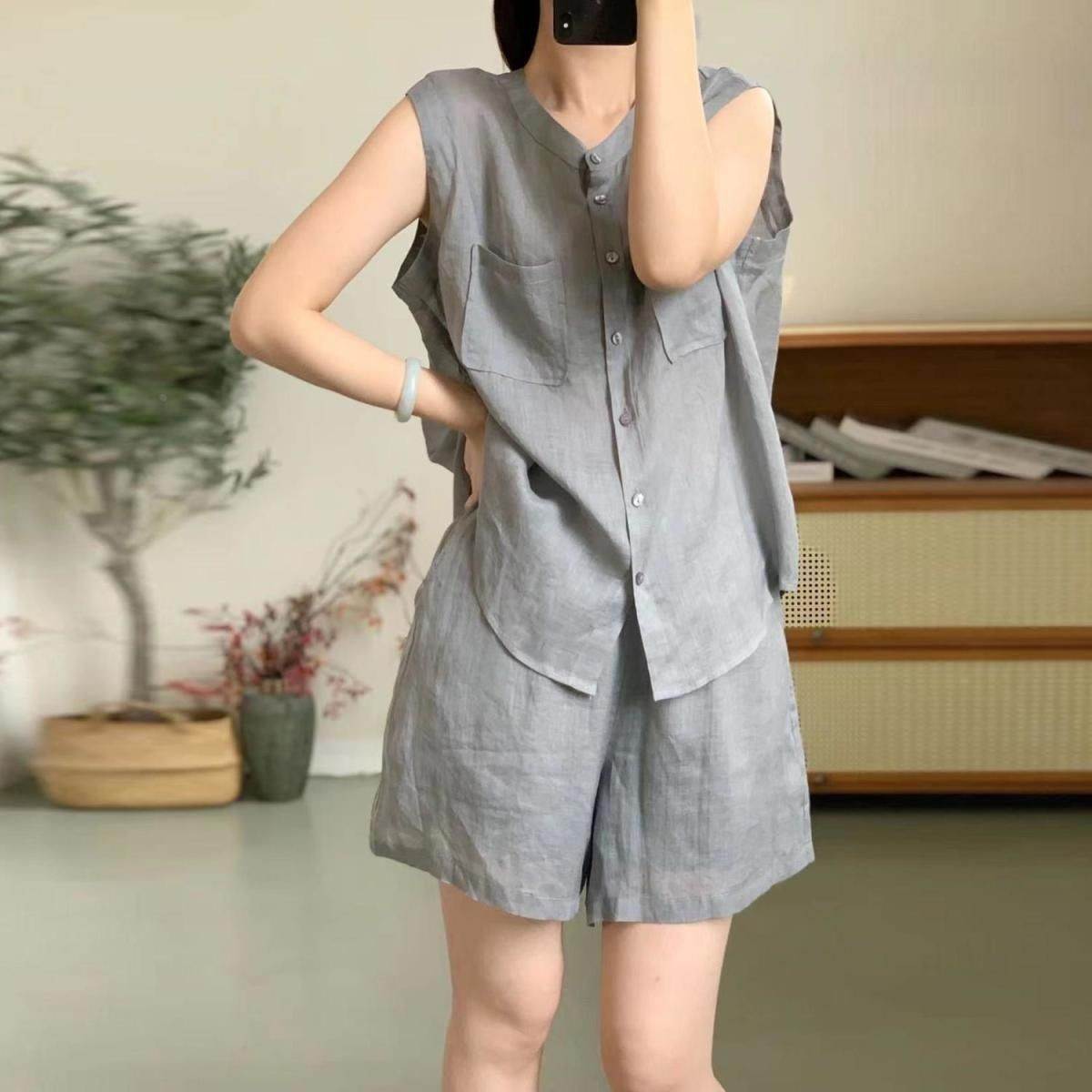 纯色时尚小资背心马甲套装女2024夏天高级减龄气质上衣短裤两件套