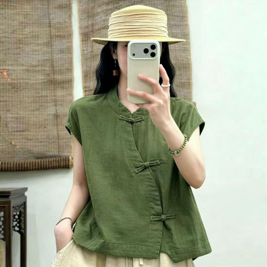 双纱棉衬衫夏季透气中式斜襟复古盘扣上衣婴儿棉纱亲肤透气小衫
