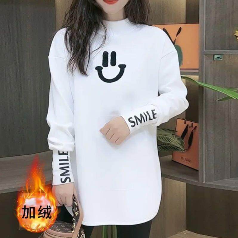 加绒加厚打底衫 笑脸长袖大白t恤女 半高领中长款秋冬卫衣